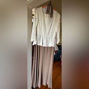 Elegant White Lace Top with Tan Skirt